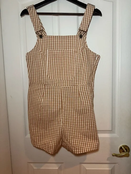 NWT RVCA Forager 100% Cotton Gingham Romper - Size L/12 - Sand/Tan White - Picture 11 of 13